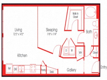 Floor plan for 1 bed, 1 bath, 702 sqft